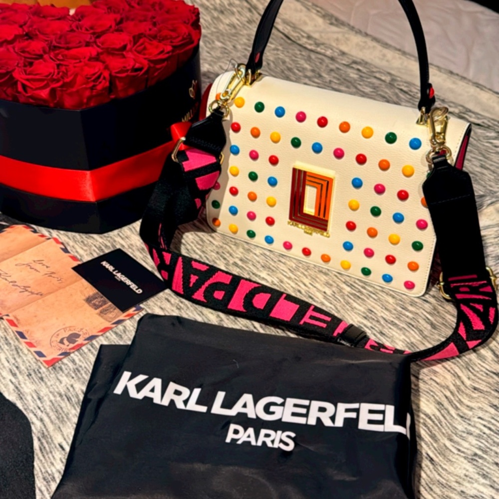Karl Lagerfeld White Crossbody Bag with Multicolor Studs